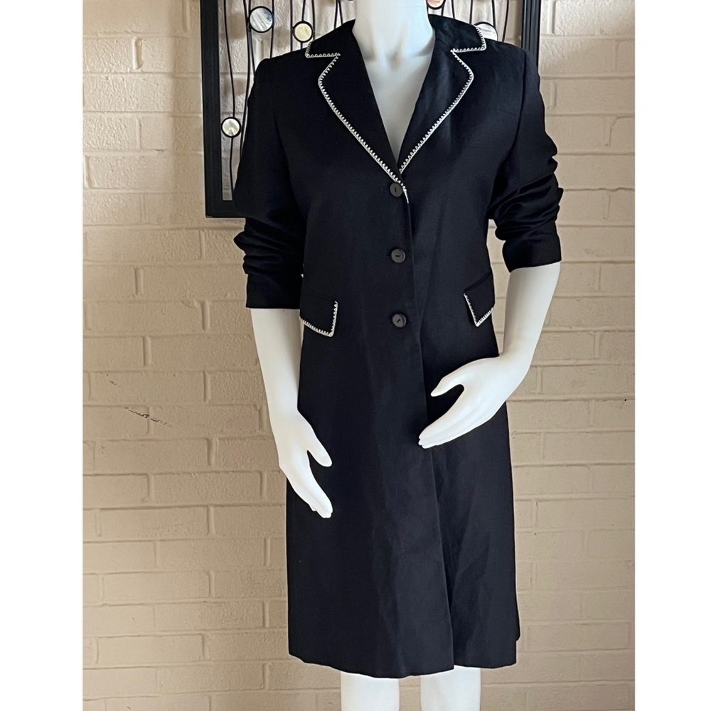 Larry Levine Linen Midi Coat Black White Stitching Trim Size 6 - Picture 2 of 10